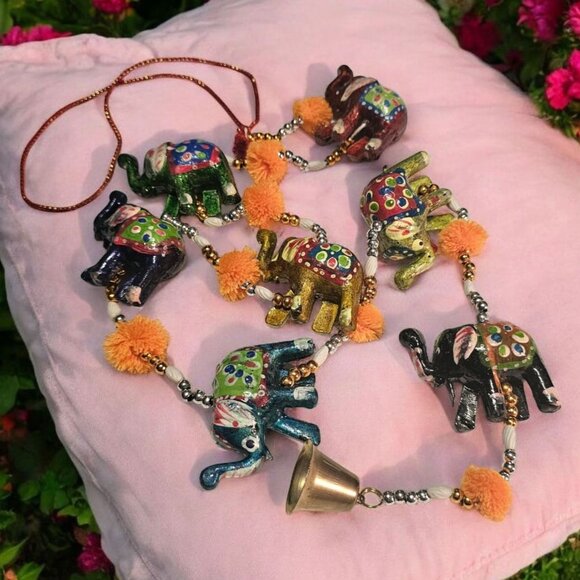 Elephant Wall Door Hanging 7 Trunk Up Paper Mache Elephants Beads PomPoms Bell - Picture 2 of 16